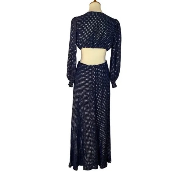 Delfi Collective Cerise Cutout Navy Blue Metallic Gold Dotted Gown Dress S - Picture 5 of 11